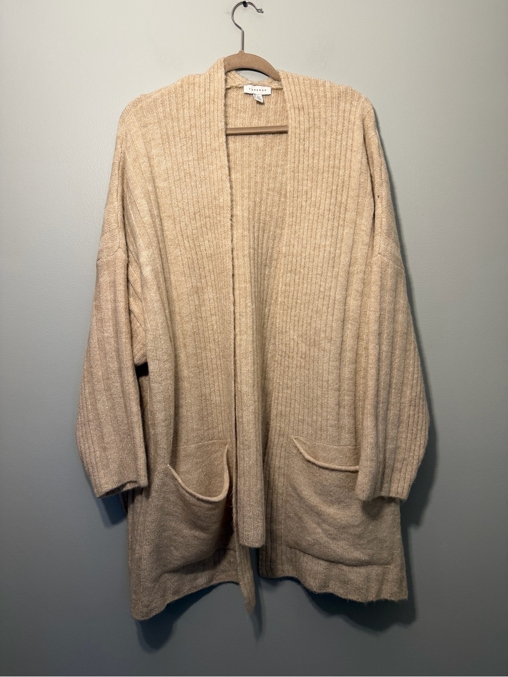 Topshop Neutral Ribbed Open-Front Cardigan in Beige